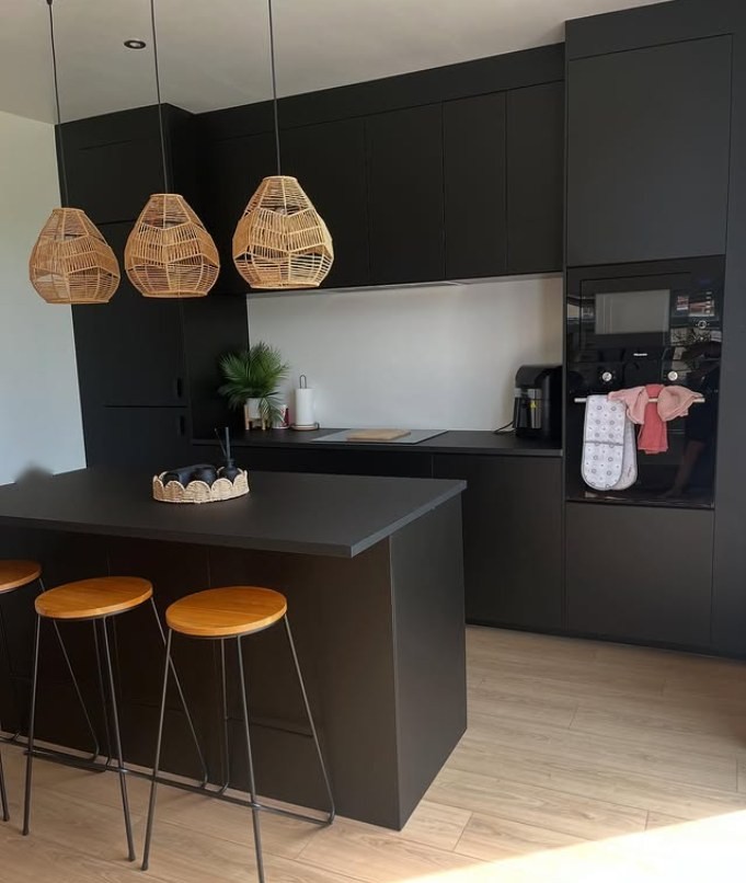 Matte black designer kitchen, freshly cleaned