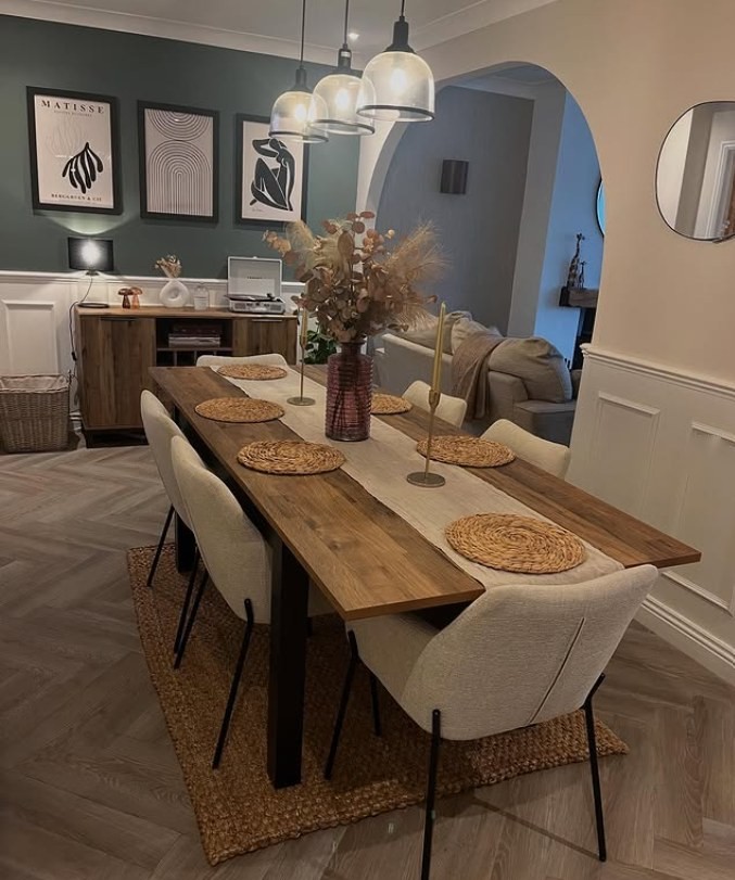Elegant dining room with herringbone floor